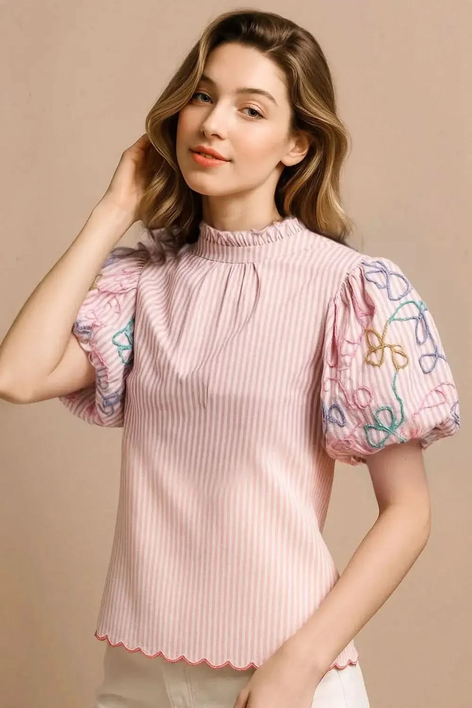 BiBi Embroidery Bubble Sleeve Top With Bottom Scallop Detail - SwagglyLife Home & Fashion